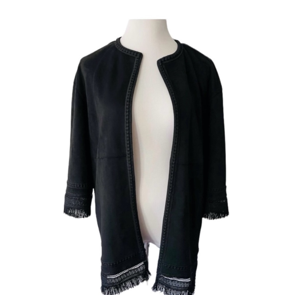 Zara Suede Black Open-Front Jacket with Fringe